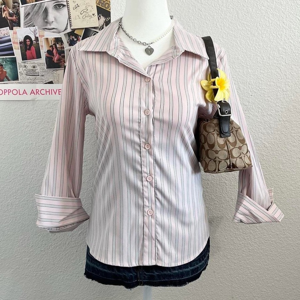 Vintage Y2K Deadstock Pinstripe Office Siren Button Up Blouse Long Sleeve Top